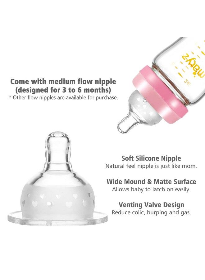 Matyz 8 Ounce Glass Baby Feeding Bottle With Nipple Light And Slim Bottle Easy To Hold Food Grade Borosilicate Glass Wide Neck Breastmilk Feeding Bottle Easy To Clean Bpa Free (Pink Lids) - Image 5