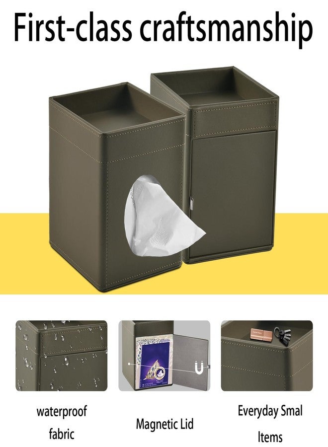 XNONE Tissue Box Cover Square Tissue Box Holder PU Leather Facial Tissues Organizer with Storage Tray for Bathroom Vanity Bedroom Office Car,Stylish Napkin Caddy Decorative Organizer (Olive-Green) - Image 4