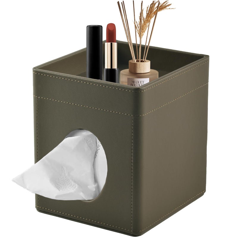 XNONE Tissue Box Cover Square Tissue Box Holder PU Leather Facial Tissues Organizer with Storage Tray for Bathroom Vanity Bedroom Office Car,Stylish Napkin Caddy Decorative Organizer (Olive-Green) - Image 1