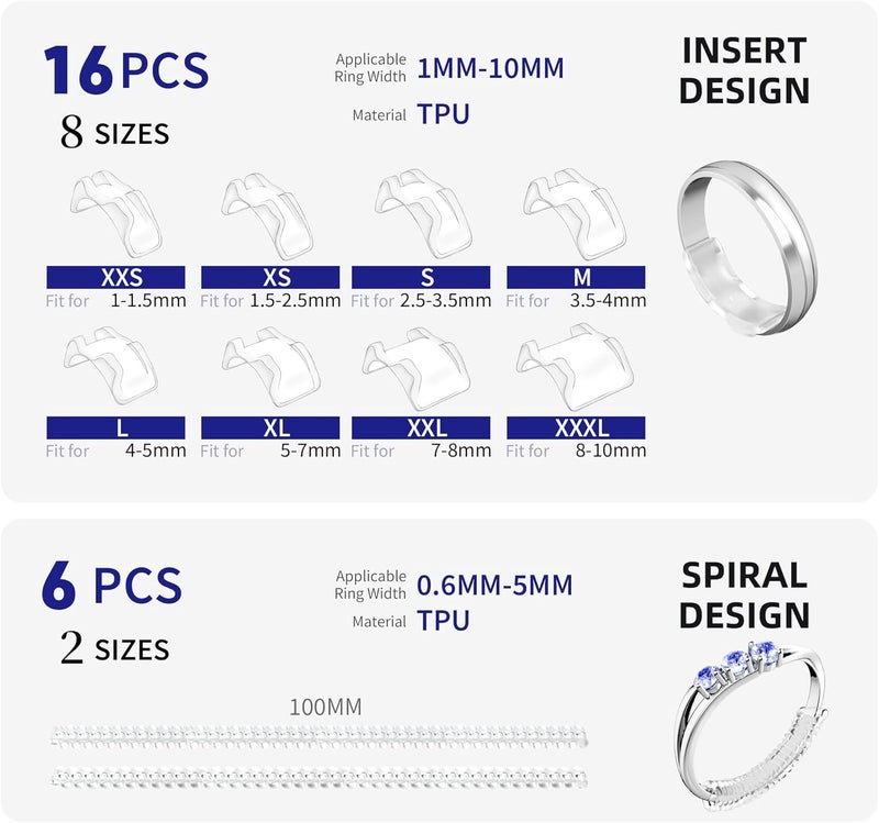 ELETIUO 22 Pack Invisible Ring Size Adjuster for Loose Rings,2 Styles Ring Reducer Jewelry Guard Ring Resizer,Multiple 16 Inserts 8 Sizes and 6 Spirals 2 Sizes,Silicone Ring Tightener Fit for Almost Ring - Image 2