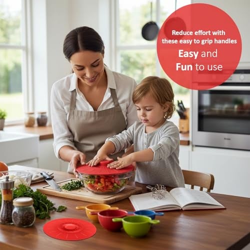 KARP Silicone Bowl Lids, Set of 5 Reusable Suction Seal Covers for Bowls, Cups & Containers | Food Safe, Heat Resistant, Interlocking Handles for Easy Use & Storage – Red (5.2", 6", 7.1", 7.9", 10.3") - Image 3