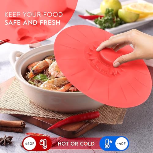 KARP Silicone Bowl Lids, Set of 5 Reusable Suction Seal Covers for Bowls, Cups & Containers | Food Safe, Heat Resistant, Interlocking Handles for Easy Use & Storage – Red (5.2", 6", 7.1", 7.9", 10.3") - Image 5