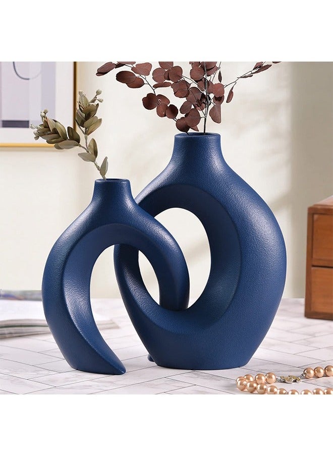 Captaintech Blue Ceramic Vase for Modern Home Decor,Matte Snuggle Hollow Flower Vase for Pampas Grass,Boho Decor Donut Decorative Vase Set of 2 for Table Centerpiece Office Bookshelf Living Room Decor  - Image 1