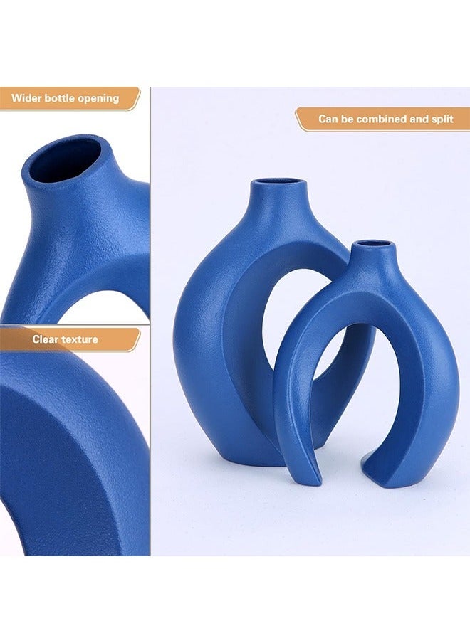 Captaintech Blue Ceramic Vase for Modern Home Decor,Matte Snuggle Hollow Flower Vase for Pampas Grass,Boho Decor Donut Decorative Vase Set of 2 for Table Centerpiece Office Bookshelf Living Room Decor  - Image 2