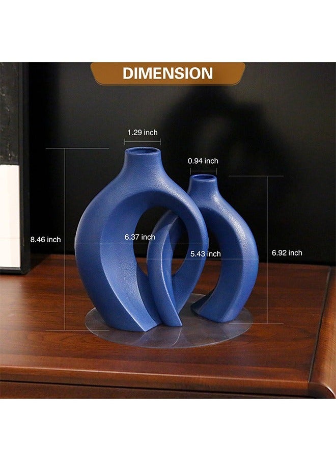 Captaintech Blue Ceramic Vase for Modern Home Decor,Matte Snuggle Hollow Flower Vase for Pampas Grass,Boho Decor Donut Decorative Vase Set of 2 for Table Centerpiece Office Bookshelf Living Room Decor  - Image 3