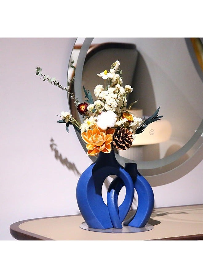 Captaintech Blue Ceramic Vase for Modern Home Decor,Matte Snuggle Hollow Flower Vase for Pampas Grass,Boho Decor Donut Decorative Vase Set of 2 for Table Centerpiece Office Bookshelf Living Room Decor  - Image 4