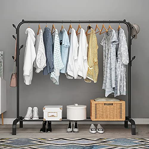 Zemic 1PC Multipurpose Metal Single Garment Rack with Top Rod and Lower Storage Shelf with Hooks Heavy Duty Clothes Coat Stand Closet Organizer (Black / 150 x 110 x 40 CM) - Image 1