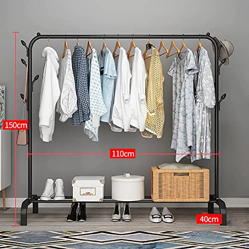 Zemic 1PC Multipurpose Metal Single Garment Rack with Top Rod and Lower Storage Shelf with Hooks Heavy Duty Clothes Coat Stand Closet Organizer (Black / 150 x 110 x 40 CM) - Image 2