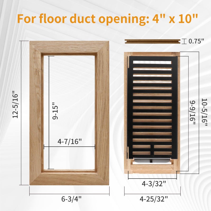 SANYCASA Oak Floor Register for 4x10 Inch Duct Holes - Flush Mount Floor Vent with Metal Damper - White Wooden Vent Covers for Home Floor - 0.8 Inch Thickness - Unfinished - 2PCS - Image 2