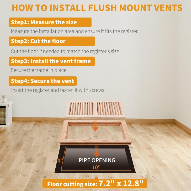 SANYCASA Oak Floor Register for 4x10 Inch Duct Holes - Flush Mount Floor Vent with Metal Damper - White Wooden Vent Covers for Home Floor - 0.8 Inch Thickness - Unfinished - 2PCS - Image 3