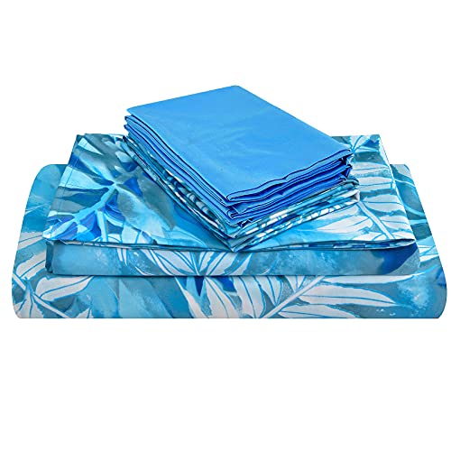 JSD Blue Tropical Leaves Print Sheet Set Queen Size 6 Piece Soft Pattern Microfiber Bed Sheets Extra Deep Pocket