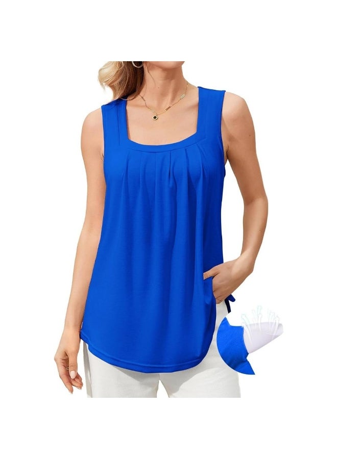 CharmLeaks Charmleaks Tank Top Built in Bras for Women Summer Pleated Square Neck Tops Flowy Sleeveless Shirts
