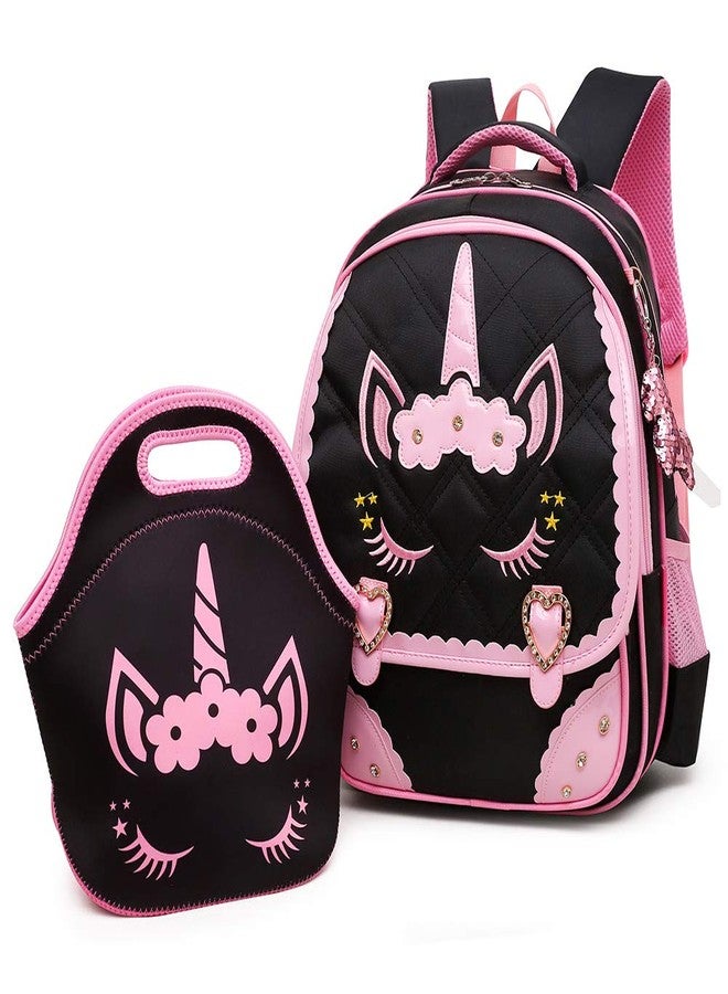 Moonmo Cute Unicorn Face Diamond Bling Waterproof Pink School Backpack Set Girls Book Bag (Large, Black Set) - Image 1