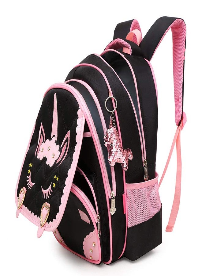 Moonmo Cute Unicorn Face Diamond Bling Waterproof Pink School Backpack Set Girls Book Bag (Large, Black Set) - Image 4