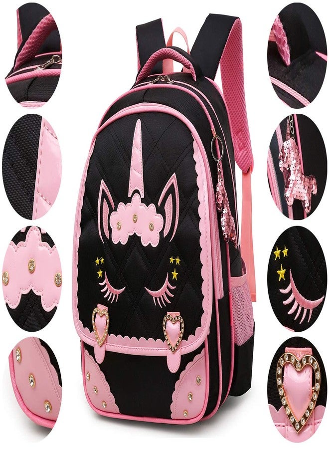 Moonmo Cute Unicorn Face Diamond Bling Waterproof Pink School Backpack Set Girls Book Bag (Large, Black Set) - Image 3
