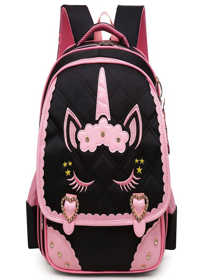 Moonmo Cute Unicorn Face Diamond Bling Waterproof Pink School Backpack Set Girls Book Bag (Large, Black Set) - Image 2