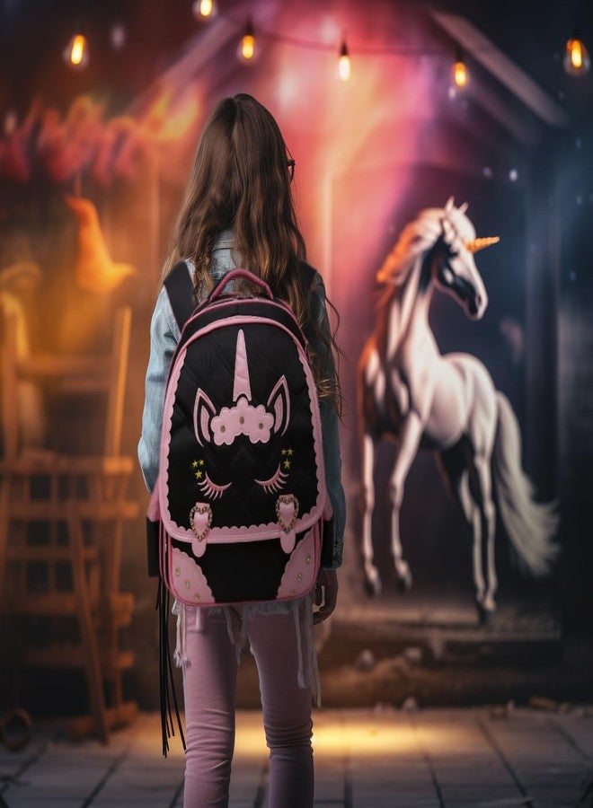 Moonmo Cute Unicorn Face Diamond Bling Waterproof Pink School Backpack Set Girls Book Bag (Large, Black Set) - Image 5