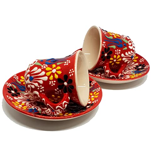 DLK - Set of 2 Handmade Ceramic Coffee Cups Set, 2 x Tile Coffee Cup Set,Turkish Coffee Cup Set of 2 - Red - Image 1