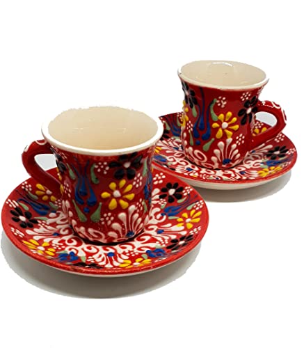 DLK - Set of 2 Handmade Ceramic Coffee Cups Set, 2 x Tile Coffee Cup Set,Turkish Coffee Cup Set of 2 - Red - Image 3