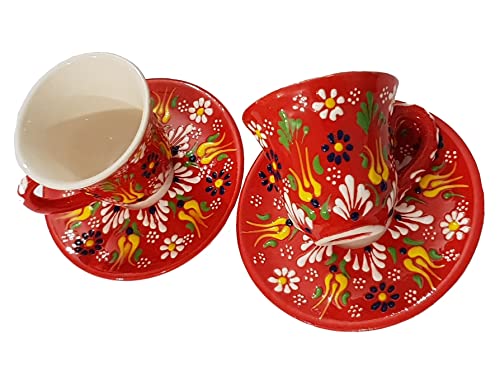 DLK - Set of 2 Handmade Ceramic Coffee Cups Set, 2 x Tile Coffee Cup Set,Turkish Coffee Cup Set of 2 - Red - Image 4