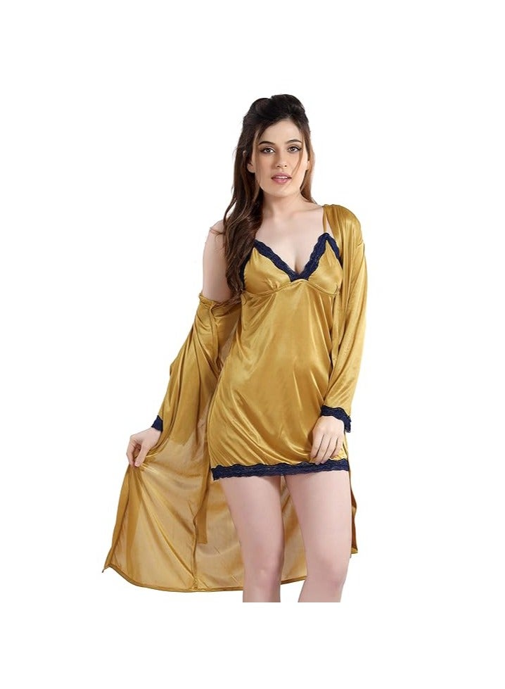 Accessorize Kingdom Women Satin Short Nighty with Lace & Robe  - Image 1