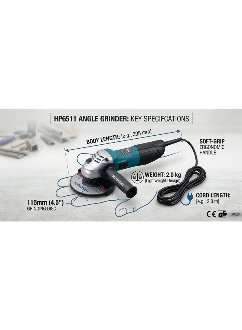 HYUNDAI Angle Grinder Hyundai HP-6511 650W 115mm Electric Grinding Machine 11000 RPM Metal Cutting and Grinding Tool for Steel Iron and Masonry - Image 2