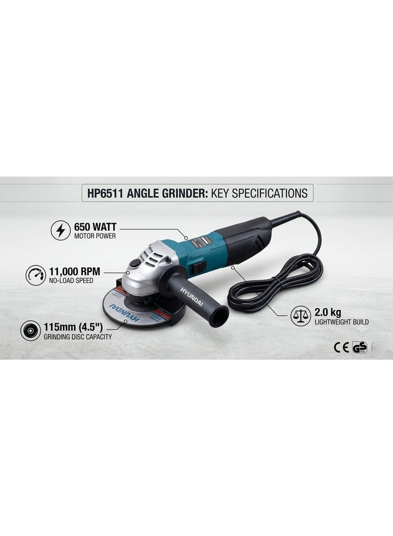 HYUNDAI Angle Grinder Hyundai HP-6511 650W 115mm Electric Grinding Machine 11000 RPM Metal Cutting and Grinding Tool for Steel Iron and Masonry - Image 4