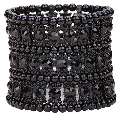 YACQ Women's Multilayer Stretch Cuff Bracelets Fit Wrist Size 6-1/2 To 7-1/2 Inch - Soft Elastic Band & 3 Row Crystals - 2 Inch Wide - Lead & Nickle Free (Dark Black) - Image 5