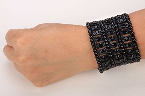 YACQ Women's Multilayer Stretch Cuff Bracelets Fit Wrist Size 6-1/2 To 7-1/2 Inch - Soft Elastic Band & 3 Row Crystals - 2 Inch Wide - Lead & Nickle Free (Dark Black) - Image 2