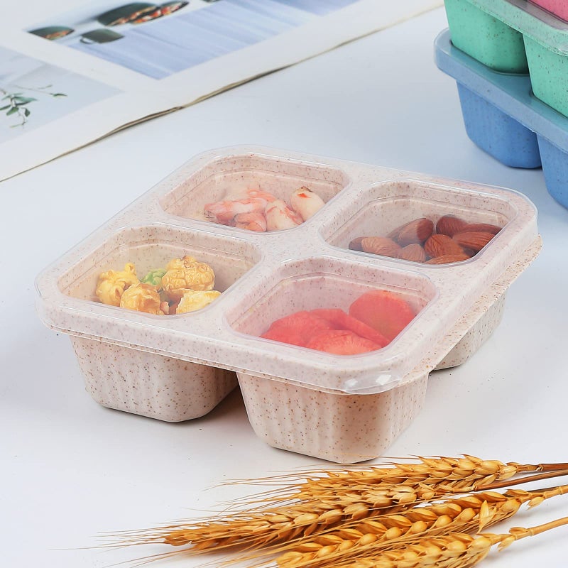 buluker 4 Pack Bento Snack Containers Set  4 Compartment Food Storage Containers Wheat Straw Meal Prep Lunch Box Plastic Food Storage Containers  Microwave and Dishwasher Safe (4colour) - Image 2