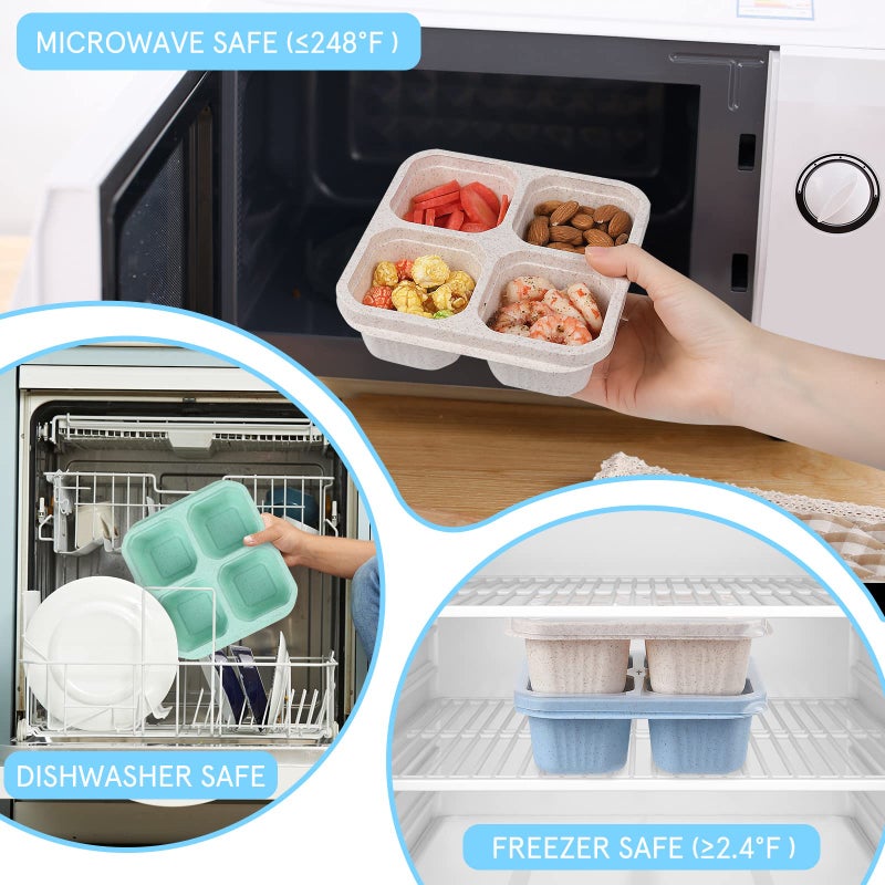 buluker 4 Pack Bento Snack Containers Set  4 Compartment Food Storage Containers Wheat Straw Meal Prep Lunch Box Plastic Food Storage Containers  Microwave and Dishwasher Safe (4colour) - Image 5