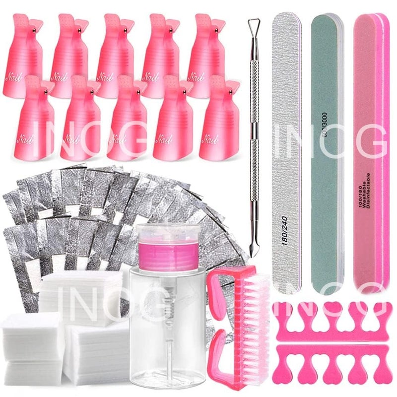 INOG Gel Polish Remover Tools Kit With Clips Wipes Cutter Pump Buffer Shiner Files Brush Acetone Acrylic Nails Tool Sets - Image 1