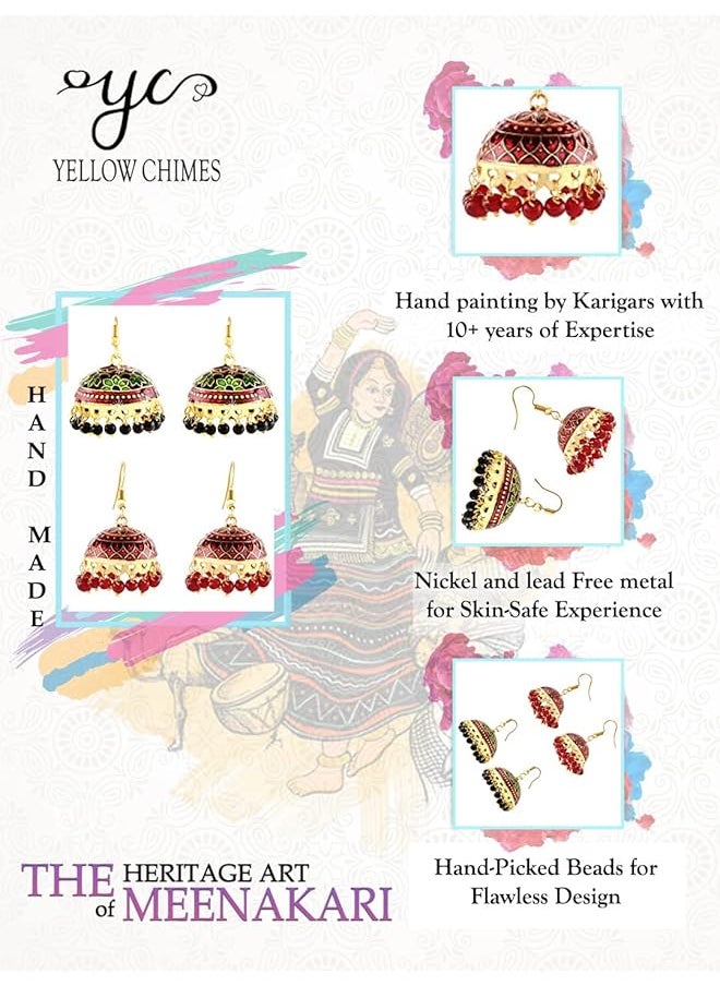 YELLOW CHIMES - Handcrafted Meenakari Carftmanship Combo 2 Pairs Traditional Jhumka Jhumki Earrings For Women And Girls - Image 1
