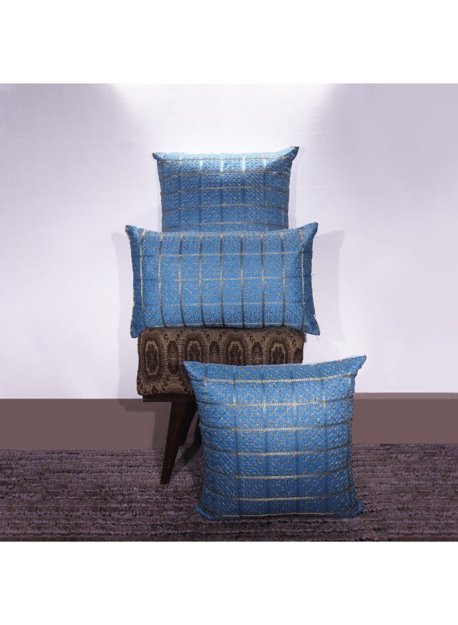 BYFT Orchard Cushion Cover 12 x 20 inch (Golden Checks Design - Blue) 30 x 50 cm Luxury Decorative Cushion Cover for Sofa, Bed & Living Room- Set of 2 without inserts - Image 1