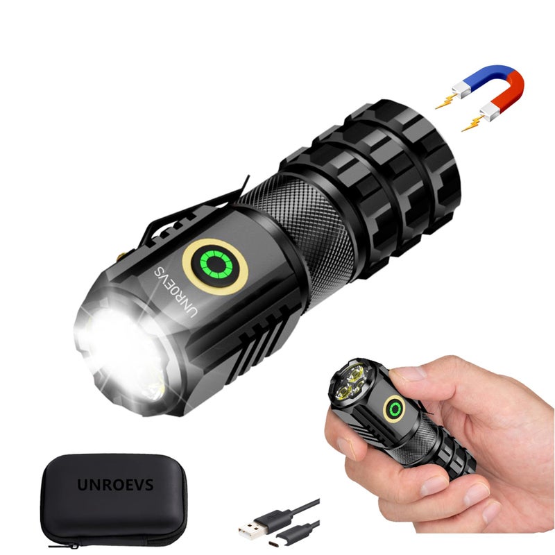 UNROEVS XC06 Mini Flashlight Rechargeable,Pocket Flashlight with Magnet,Super Bright Small Compact Flashlight,5 Modes EDC Flashlight for Camping,Emergency. (1, Black) - Image 1