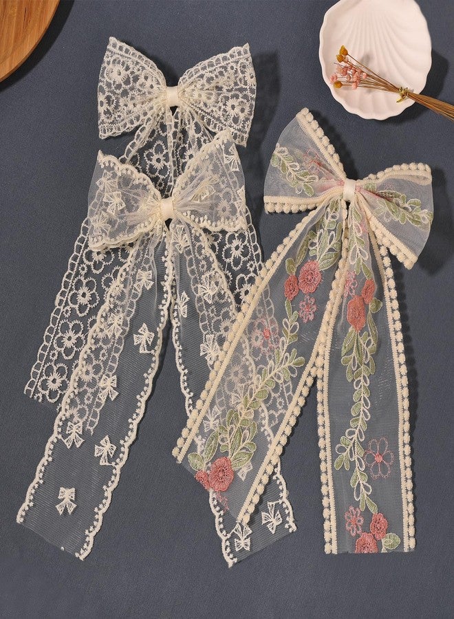 LFOUVRE Beige Lace Hair Bows with Embroidered Flowers - Bowknots, Barrettes, and Hair Clips with Long Tails for Women (3pcs) - Image 5