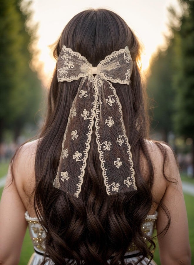 LFOUVRE Beige Lace Hair Bows with Embroidered Flowers - Bowknots, Barrettes, and Hair Clips with Long Tails for Women (3pcs) - Image 2