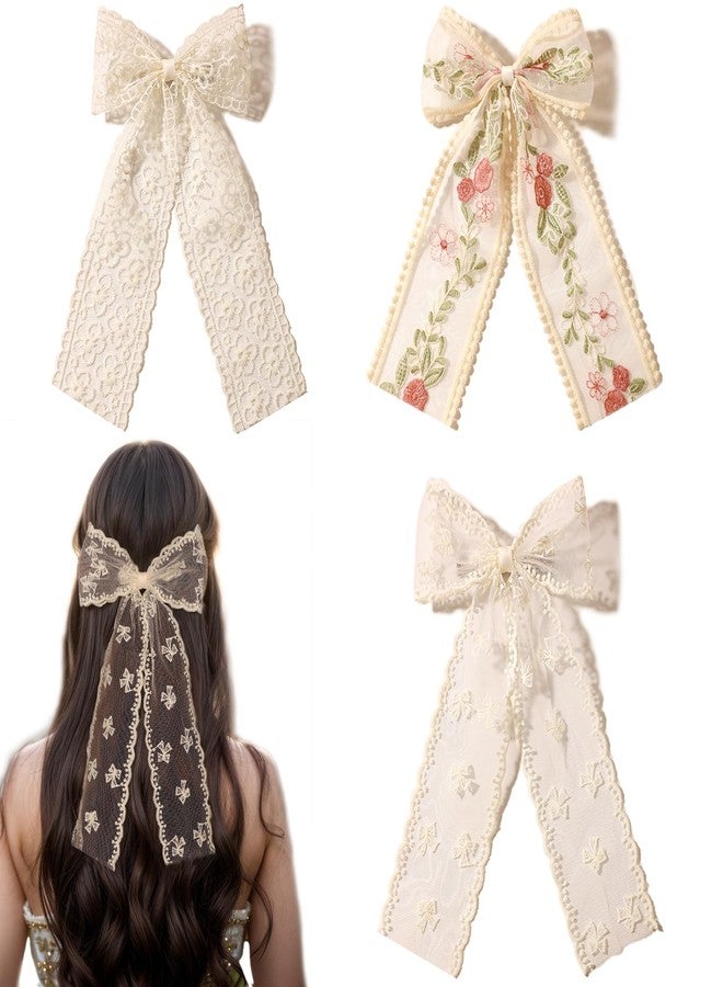LFOUVRE Beige Lace Hair Bows with Embroidered Flowers - Bowknots, Barrettes, and Hair Clips with Long Tails for Women (3pcs) - Image 1