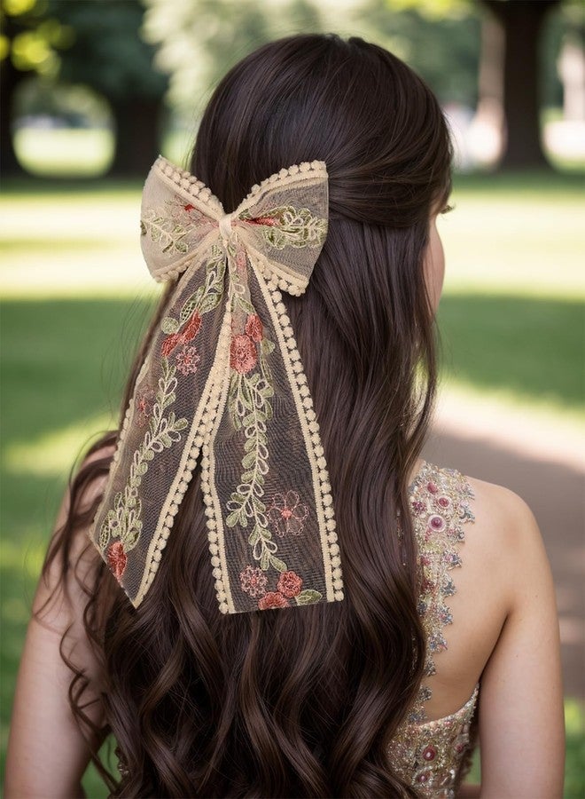 LFOUVRE Beige Lace Hair Bows with Embroidered Flowers - Bowknots, Barrettes, and Hair Clips with Long Tails for Women (3pcs) - Image 3