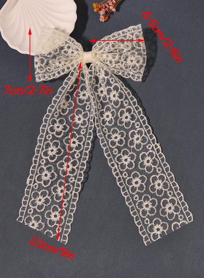 LFOUVRE Beige Lace Hair Bows with Embroidered Flowers - Bowknots, Barrettes, and Hair Clips with Long Tails for Women (3pcs) - Image 4