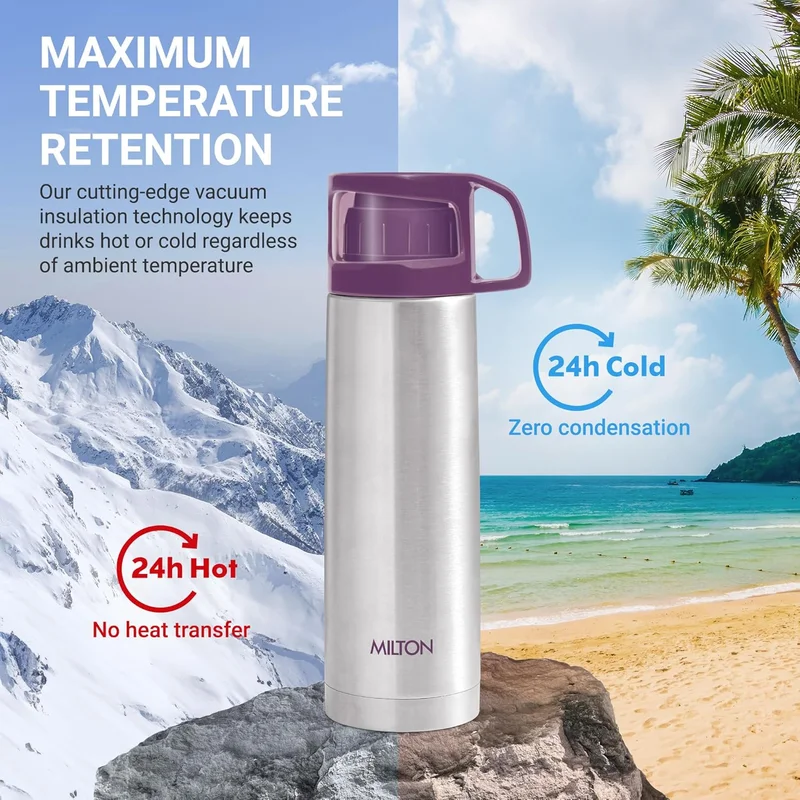 Milton Milton Flip Lid 350 Thermosteel 24 Hours Hot and Cold Water Bottle with Bag, 1 Piece, 350 ml, Silver | Leak Proof | Office Bottle | Gym Bottle | Home | Kitchen | Hiking | Trekking | Travel Bottle Silver