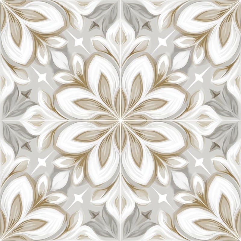 IOHEFY 10PCS Peel and Stick Floor Tiles 12x12 Inch Gray Beige Floral Pattern Self Adhesive Vinyl Flooring Square Planks for Kitchen Bathroom Bedroom Living Room Home Renovation DIY Decor - Image 1