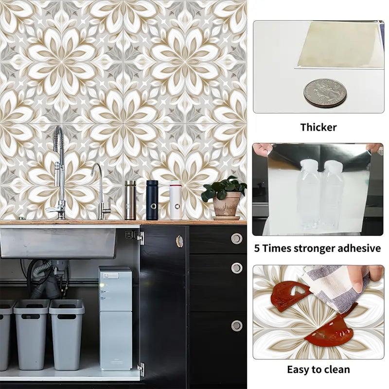 IOHEFY 10PCS Peel and Stick Floor Tiles 12x12 Inch Gray Beige Floral Pattern Self Adhesive Vinyl Flooring Square Planks for Kitchen Bathroom Bedroom Living Room Home Renovation DIY Decor - Image 2