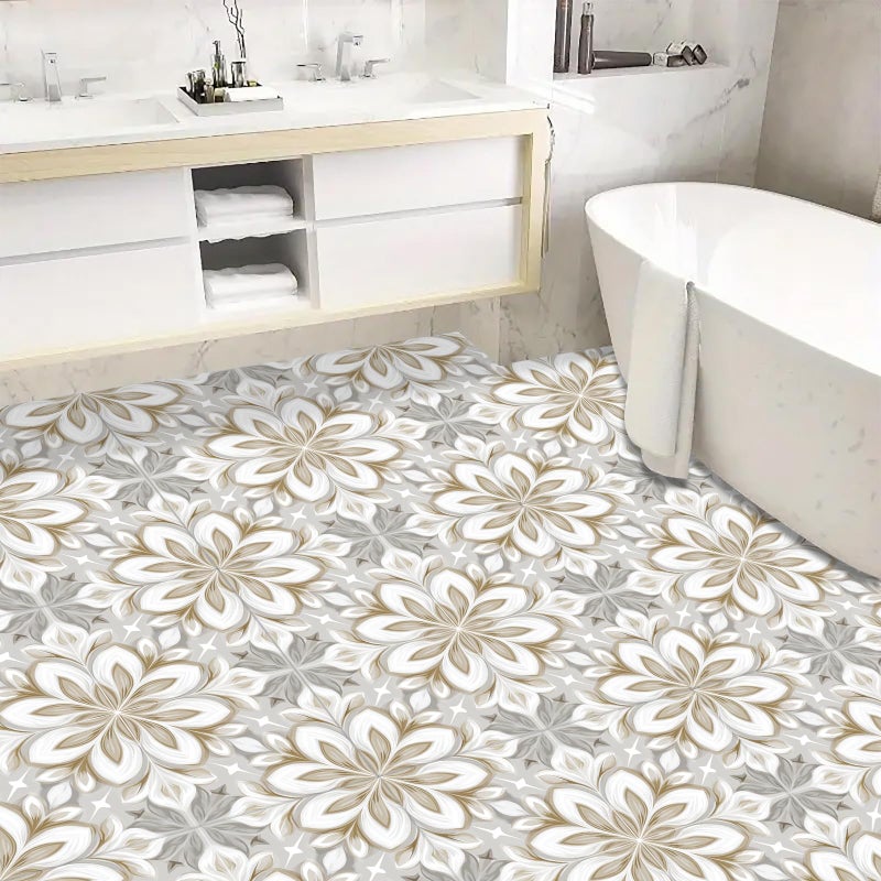 IOHEFY 10PCS Peel and Stick Floor Tiles 12x12 Inch Gray Beige Floral Pattern Self Adhesive Vinyl Flooring Square Planks for Kitchen Bathroom Bedroom Living Room Home Renovation DIY Decor - Image 5