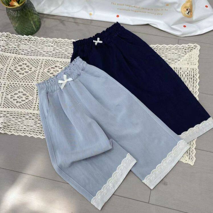 Girls Summer Loose Straight Pants with Bow and Lace, Korean Style - Image 4