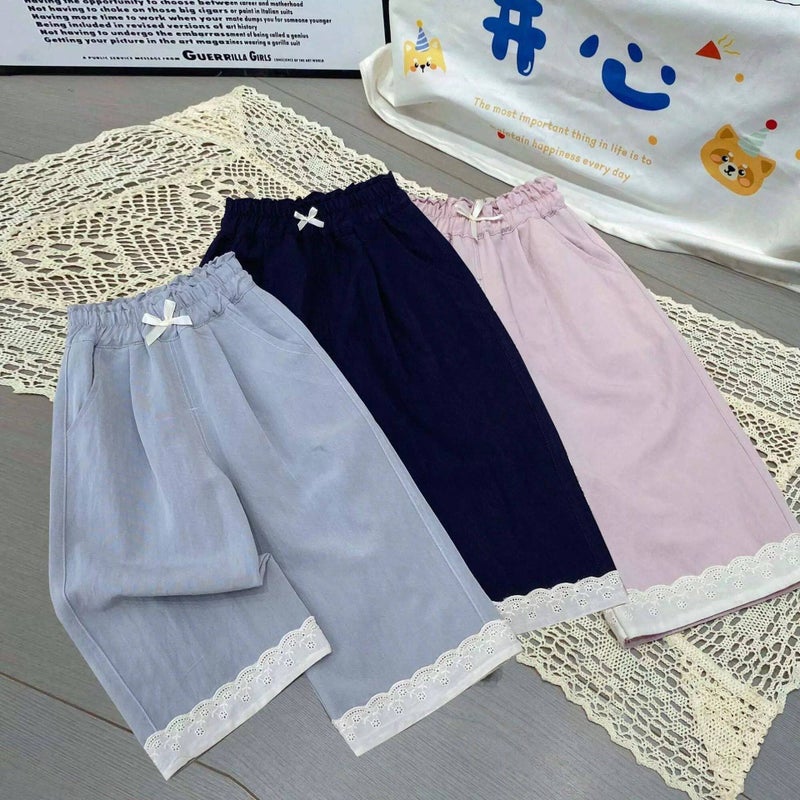 Girls Summer Loose Straight Pants with Bow and Lace, Korean Style - Image 1