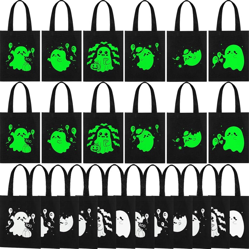 SilTriangle 24 Pack Luminous Halloween Non Woven Tote Bags, 7.9 x 9.8 in Light up Trick or Treat Goodies Bags, Reusable Halloween Candy Gift Tote with Handles for Party Favor Supplies(Ghost Style) - Image 1