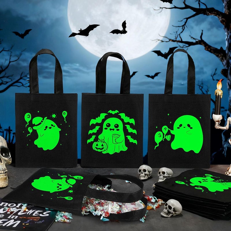 SilTriangle 24 Pack Luminous Halloween Non Woven Tote Bags, 7.9 x 9.8 in Light up Trick or Treat Goodies Bags, Reusable Halloween Candy Gift Tote with Handles for Party Favor Supplies(Ghost Style) - Image 5