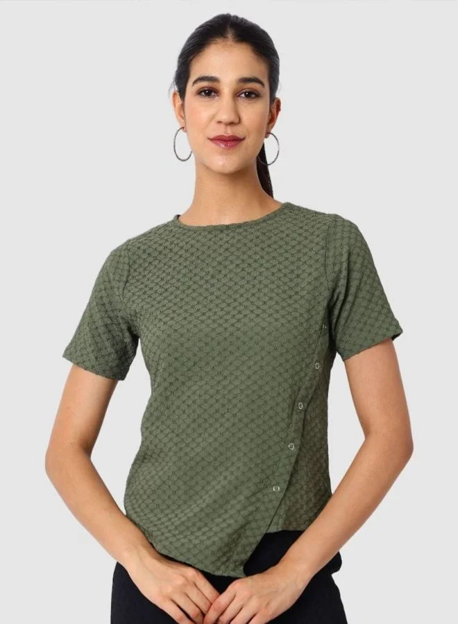 Women Regular Fit Textured Crew Neck Short Sleeve Regular Top