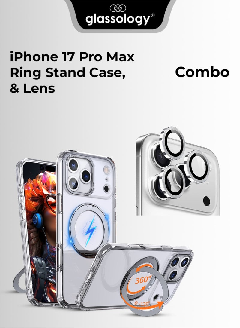 جلاسولوجي iPhone 17 Pro Max White & Silver Duo – MagSafe Ring Stand Case + Premium Lens Protector - Image 1